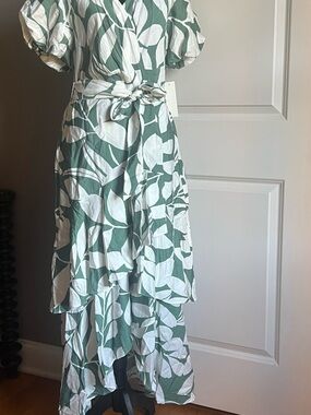 Green and White Leaf-Print High-Low Wrap Dress